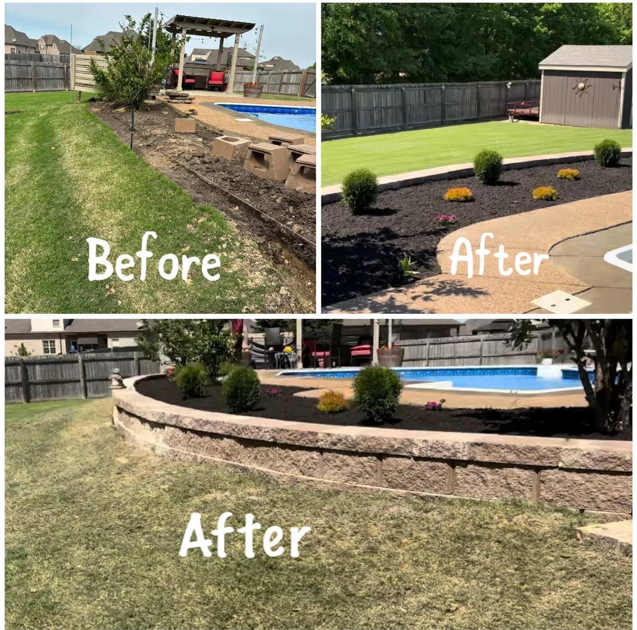 Split before-and-after collage of a backyard pool area showing Bluff City Tree & Landscape hardscaping and landscaping work: left top "Before" with bare soil and uneven bed edges, right top "After" with fresh mulch, new low shrubs and crisp curved edging next to a pool and shed, bottom "After" close-up of a raised stone retaining wall with planted shrubs and clean lawn.